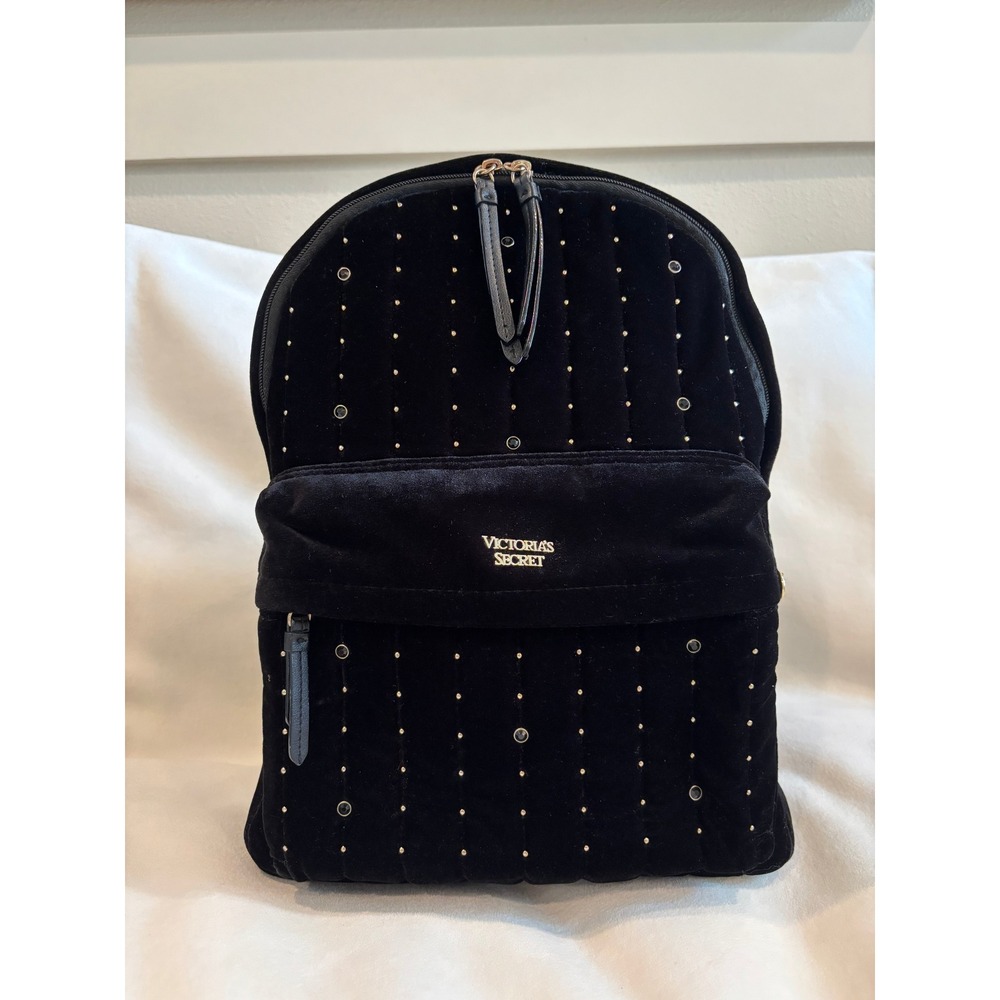 Victoria's Secret Black Velvet Quilted Studded Backpack Goldโ Hardware Bag